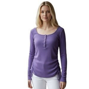 Purple Long Sleeve Tee Top ribbed texture Scoop neck ruche sides and drawstrings